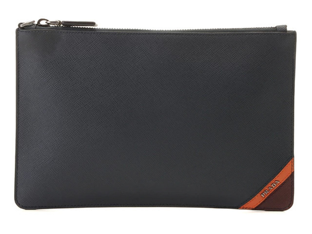 Prada clutch bag Saffiano leather Navy Blue orange
